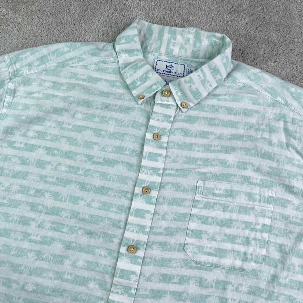 Southern Tide Shirt Mens XL Blue Linen Blend Palm Tree Stripes Coastal Beachy